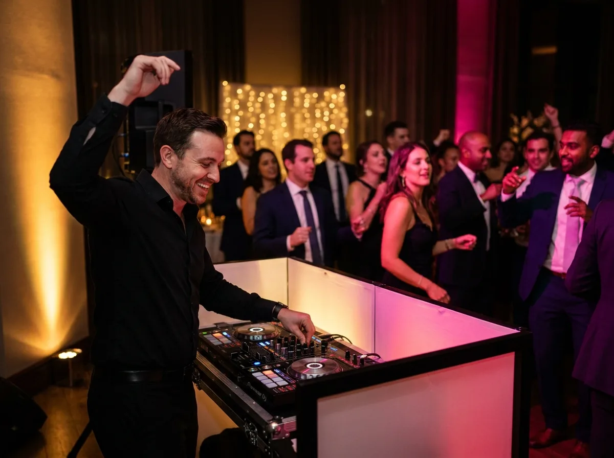 DJ animando un evento en Miami con iluminación vibrante